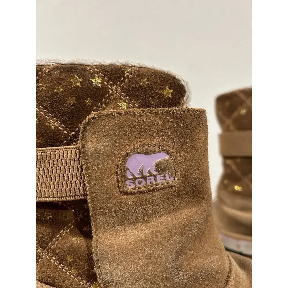 Sorel Rylee Boots Girls Sz 3‎ Waterproof Winter Suede Fleece Slip-on Brown Gold